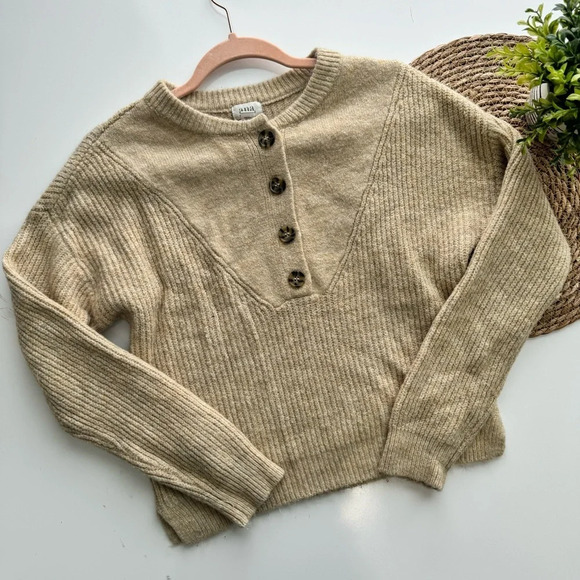 A.N.A Beige Henley Oversized Knit Sweater‎ Size XS - Picture 3 of 10